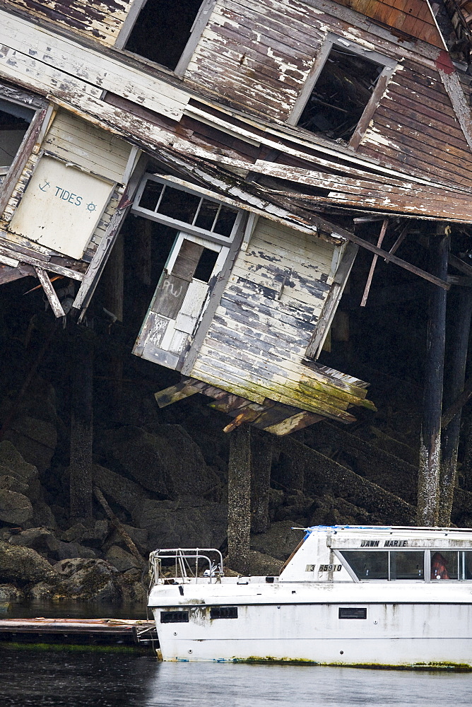 Views of the dilapidates former cannery site at Butedale along the inside passage in British Columbia, Canada, Pacific Ocean.