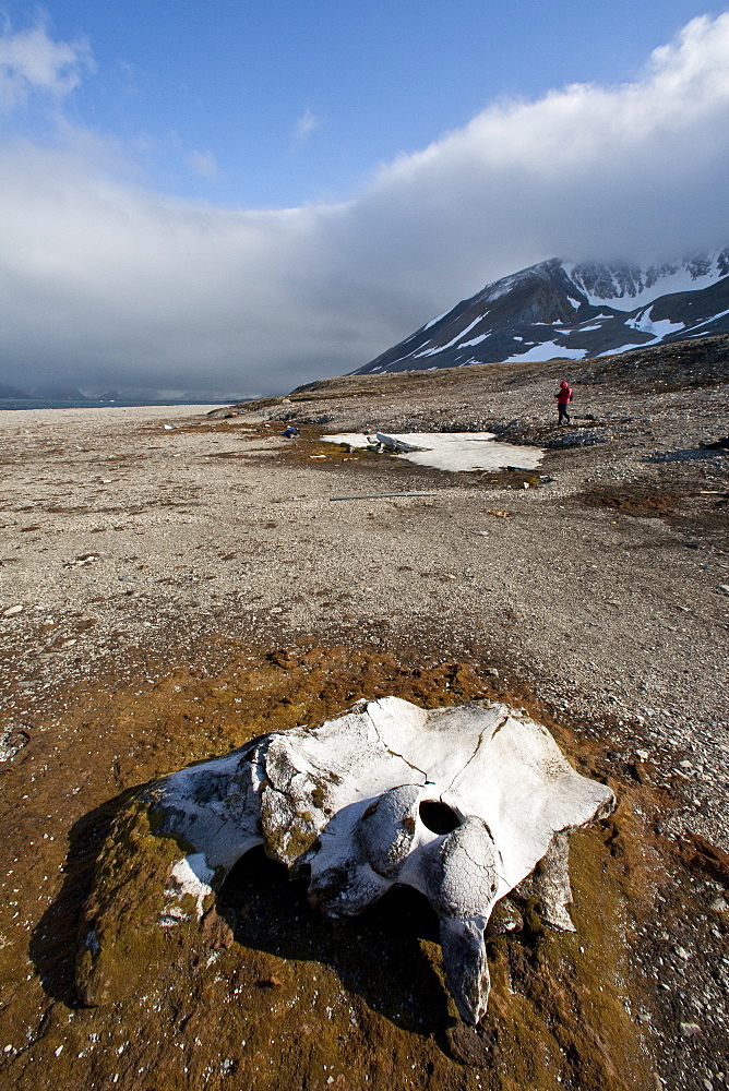 A view of the abandoned bowhead whaling station with bones strewn about in Hornsund (Horn Sound) on the southwestern side of Spitsbergen Island in the Svalbard Archipelago, Barents Sea, Norway.