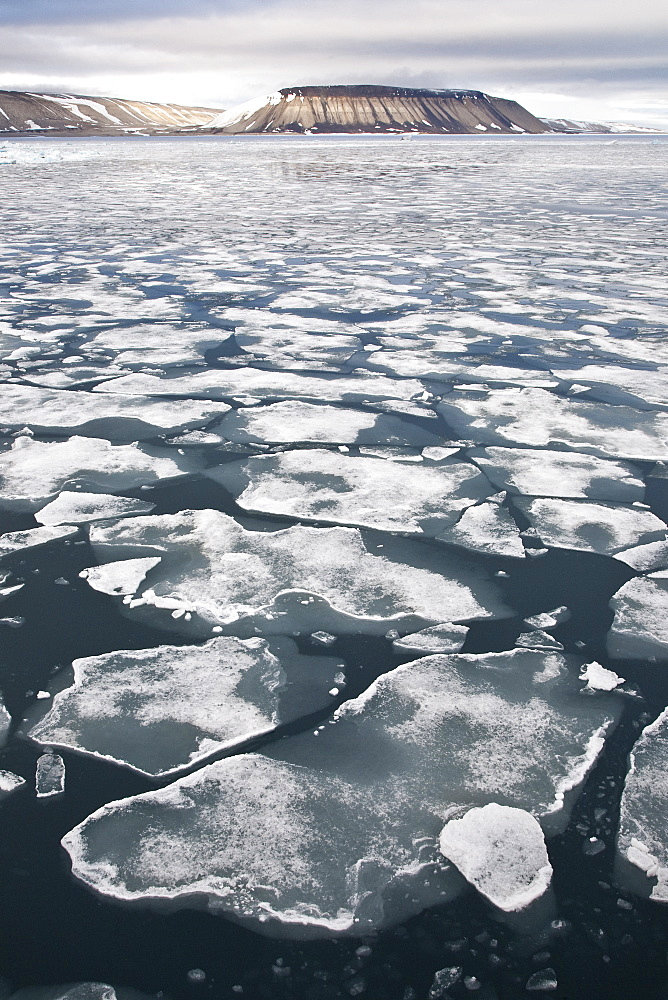 Open leads surrounded by multi-year ice floes in the Barents Sea between EdgeÃ®ya (Edge Island) and Kong Karls Land in the Svalbard Archipelago, Norway.