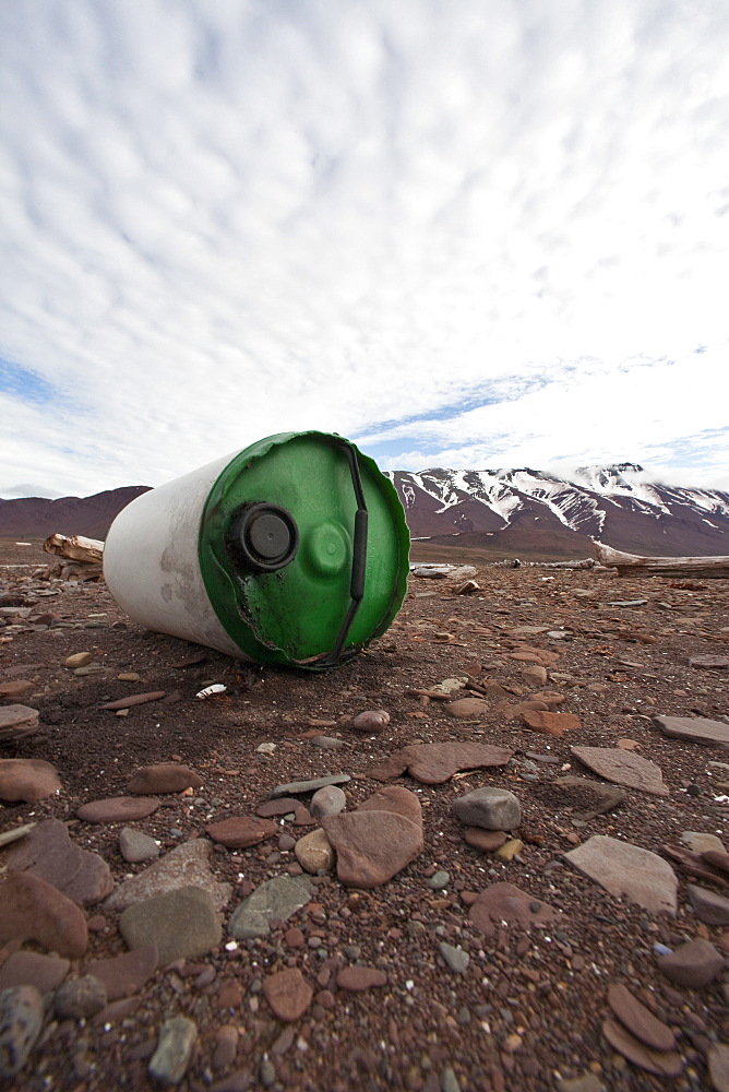 View of trash washed up on the beach at Woodfjord on the northern side of Spitsbergen in the Svalbard Archipelago of Norway. 