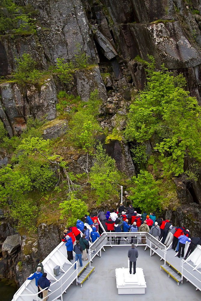 The Lindblad Expedition ship National Geographic Explorer deep in Trollfjord in the Lofoton Island Group, Norway