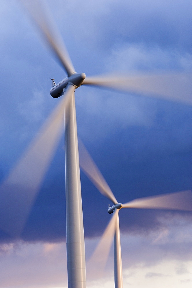 Revolving blades of a 2.3 megawatt wind turbine, Blacklaw Windfarm, South Lanarkshire, Scotland