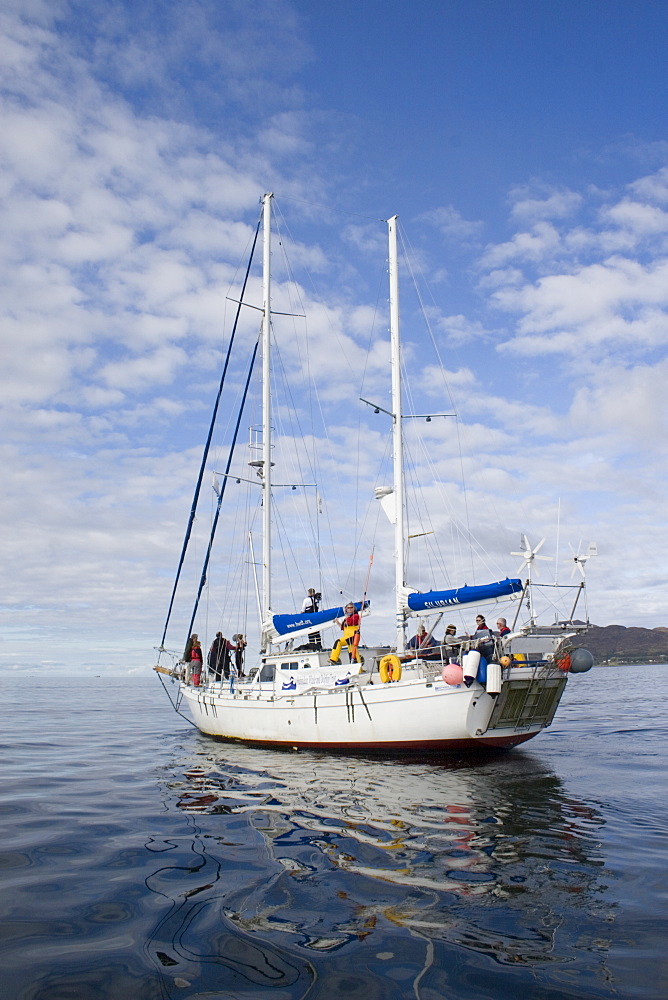 Research boat.  "Silurian" is the research boat of the Hebridean Whale and Dolphin Trust, based in Tobermory, Isle of Mull.  Hebrides, Scotland