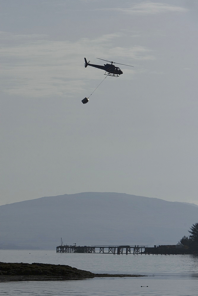 Helicopter supplying salmon farm. Hebrides, UK.