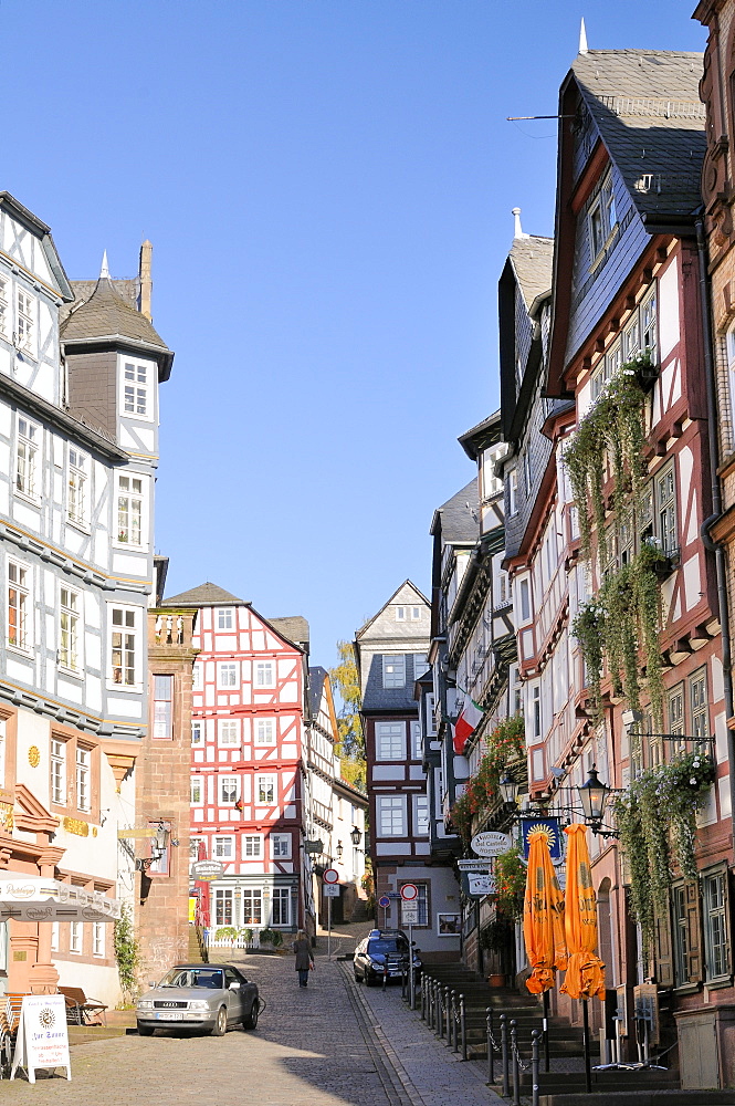 Medieval buildings on Mainzer street viewed from the Market square, Marburg, Hesse, Germany, Europe