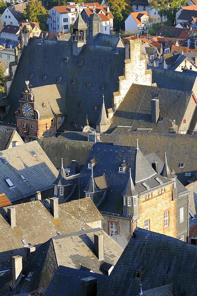 Rooftops of medieval buildings in Marburg, including the Town Hall and Old University, Marburg, Hesse, Germany, Europe