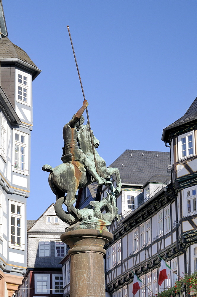 Statue of St. George slaying the dragon, Market Square, Marburg, Hesse, Germany, Europe