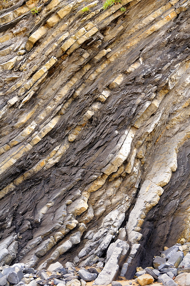 Folded layers of Jurassic sedimentary limestone and marl rocks in the cliffs at Vega beach, Ribadesella, Asturias, Spain, Europe