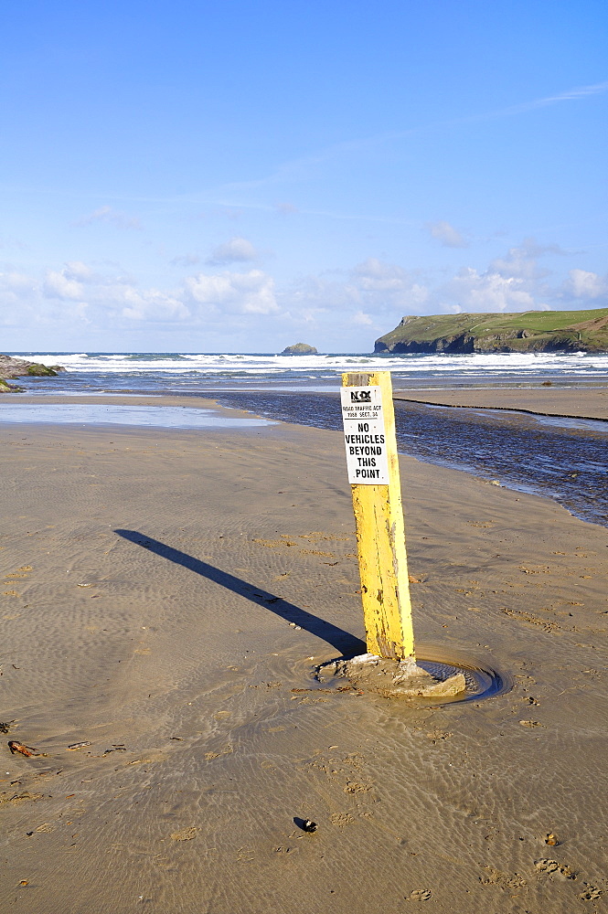 Beach carpark limit sign on Polzeath beach, Cornwall, UK.