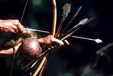 A Pygmy archer holds bows and arrows in Ngodi Ngodi.