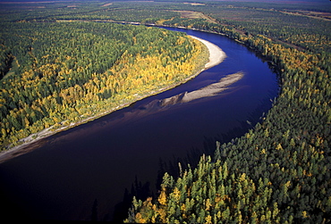 Bend in the Kazym River as seen from a Russian built Mi-8 helicopter, Siberia, Russia