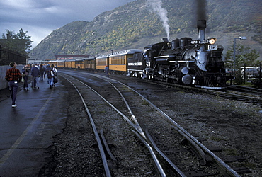 Coal-fired, steam-powered locomotive at the home yard of the Durango & Silverton Narrow Gauge Railroad, Durango, Colorado