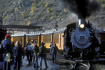 Coal-fired, steam-powered locomotive at the home yard of the Durango & Silverton Narrow Gauge Railroad, Durango, Colorado