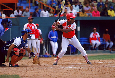 Baseball players at the Stadium Latino Americano, the Metropolitanos vs. the Industriales.