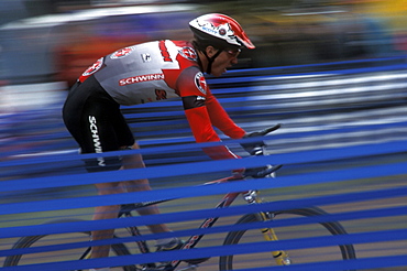 A mountain bike racer competes in the Iron Horse Bicycle Classic in Durango, Colorado