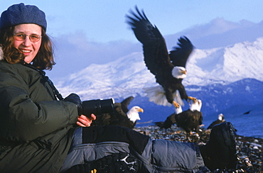 Photographer Ellen Anderson gets close-up while photographing eagles on the Alaska's Homer Spit.