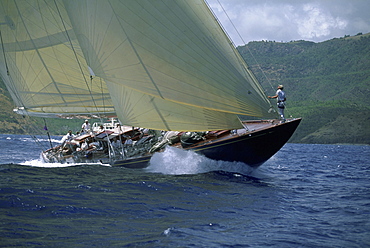 The 130' J-Class yacht, 'Valsheda', races to windward, sailing in the Antigua Classic Yacht Regatta, British West Indies.