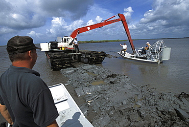 Building terraces in Rockefeller Refuge to slow erosion of coast.