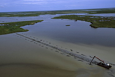 Aerial of work to build terraces in Rockefeller Refuge to slow erosion