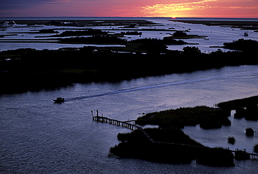 View of the bayous near Leeville, Louisiana at sunset.