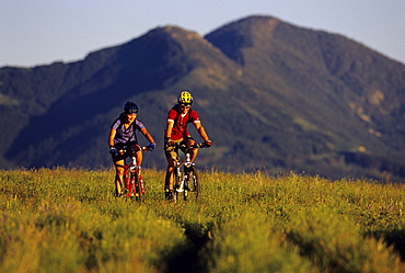 A couple mountain bikes through a green meadown near Bozeman, Montana