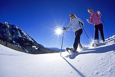 Cheryl Albrecht and Lara Young snowshoeing outside Telluride on a brilliantly sunny winter day, Colorado.