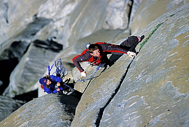 Beth Rodden belaying Tommy Caldwell on Salathe headwall on El Capitain in Yosemite Valley, CA.