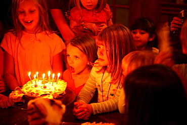 A group of young children gather around a birthday cake and blow candles out.