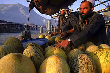 Men sell melons, an Afghan specialty, along the partly ruined streets of  Kabul, Afghanistan. Since the fall of the Taliban regime in late 2001, commerce has thrived in Kabul, if not in all the regions of Afghanistan.  Agricultural products remains one of the most important parts of the Afghan economy