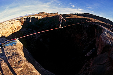 Dean Potter slacklining near Moab, Utah.