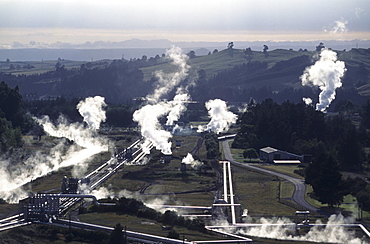 Geothermal power plant borefield. Waitakei, New Zealand.