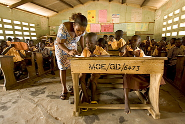 Research assistants and technicians from the University of Ghana perform basic skin prick tests on school children in Accra, Ghana to test for sensitivities to dog, cat, dust mites, grass pollen, peanuts, and cockroach allergens.   The results have shown that children in wealthier homes have higher rates of allergies and asthma than poorer children.  The leading theory is that higher rates of helminth (parasite) infections among poorer children are affecting the immune system in a way that offers protection from allergies and asthma.  The study aims to find out what the worms are doing, isolate the beneficial effect and replicate it.