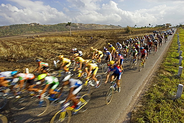 A large pack of cyclers move fastly through the Cuban countryside. (blurred motion)