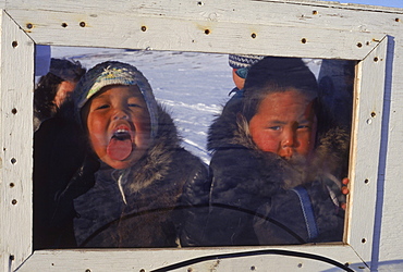 Pond Inlet camping trip. Levi Palituq and family - companion Regilee Sangoya and their 3 children, James (12), Nancy (6), and Levi, Jr (3). Tremblay Sound west of Pond Inlet.