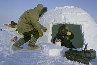 Building an igloo while on a polar bear hunt.