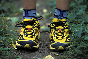 A runner's feet in yellow running shoes in the Cascade mountains, Washington.