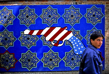 Anti-American murals painted on the wall of the former American Embassy in Tehran, Iran.