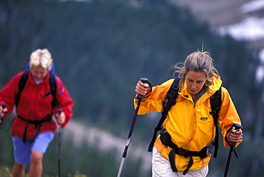 Two women hiking up a mountain in Great Basin NP, Nevada (High Angle Perspective).