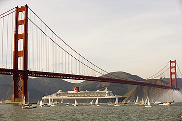 A cruise ship sails under the Golden Gate Bridge in San Francisco, California.