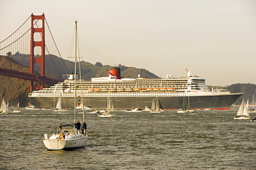 A cruise ship sails under the Golden Gate Bridge in San Francisco, California.