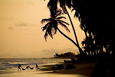 Kids playing on the beach at sunset