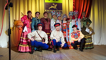 Folk dancers on stage in Russia.