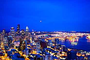 SEATTLE, WASHINGTON, USA. A view of downtown Seattle from the Space Needle at night. (tilt shift)