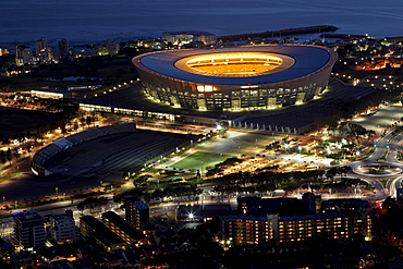 A view of Green Point Stadium in Cape Town from Signal Hill just before sunrise. South Africa.