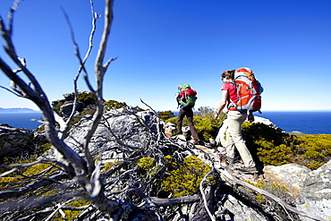 Katrin Schneider and Susann Scheller hiking on the Hoerikwaggo Trail from Cape Point to Table Mountain in Cape Town. South Africa.