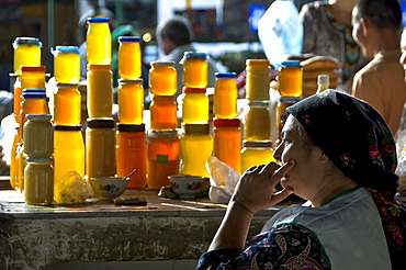 Honey vendor at the Tikinske Bazaar, Ashgabat, Turkmenistan