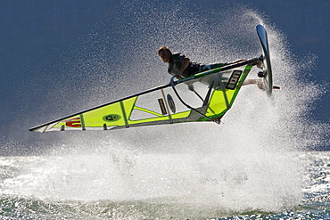 Windsurfer throws a shove it at the Spring Creek Fish Hatchery, WA.