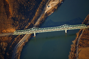 Aerial view of highway bridge over a river.