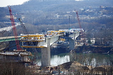 Eye-level view of the new I64 bridge under construction over the Kanawha River in downtown Charleston, WV.