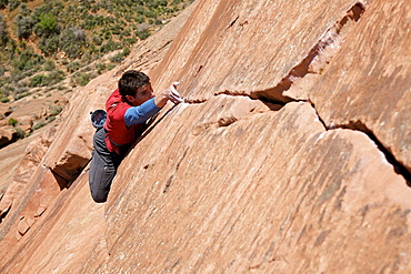 A man rock climbing in Zion National Park, UT.